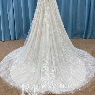 Trendy A-line Tulle Floral Lace Wedding Dress with Sapaghetti Strap - Rosymae