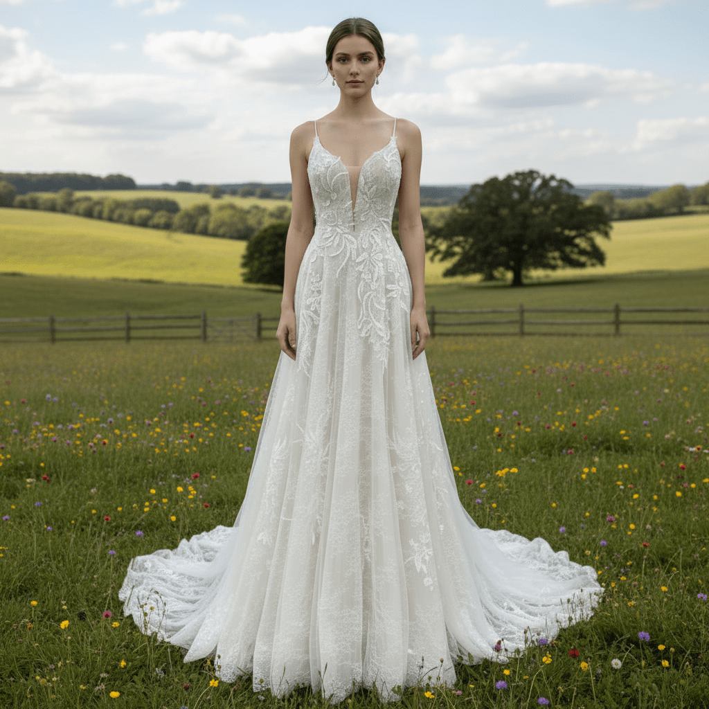 Trendy A-line Tulle Floral Lace Wedding Dress with Sapaghetti Strap - Rosymae