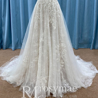 Trendy A-line Tulle Floral Lace Wedding Dress with Sapaghetti Strap - Rosymae