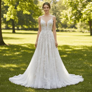 Trendy A-line Tulle Floral Lace Wedding Dress with Sapaghetti Strap - Rosymae