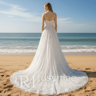 Trendy A-line Tulle Floral Lace Wedding Dress with Sapaghetti Strap - Rosymae