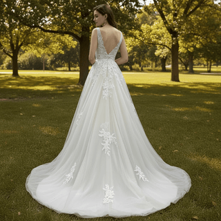 Trendy A-line Tulle Lace Vneck Wedding Dresses with Tank Top - Rosymae