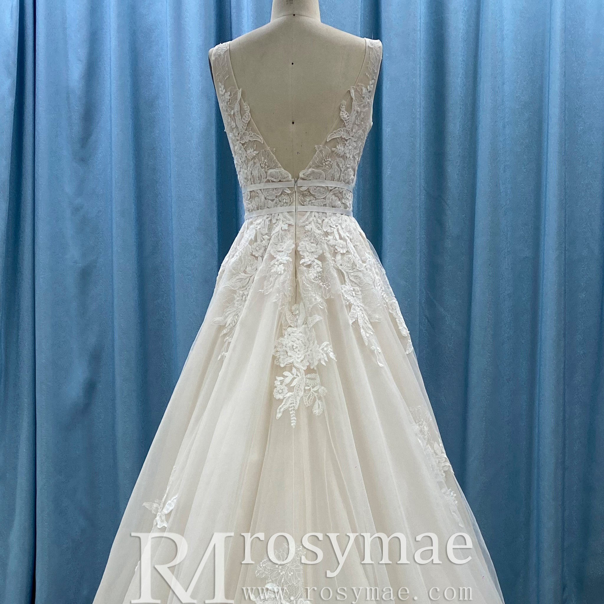 Trendy A-line Tulle Lace Vneck Wedding Dresses with Tank Top - Rosymae