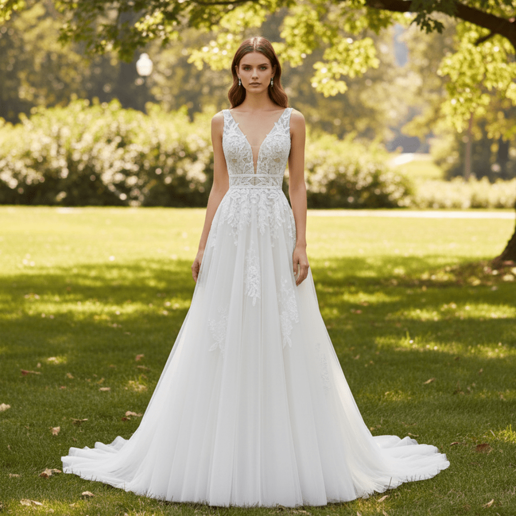 Trendy A-line Tulle Lace Vneck Wedding Dresses with Tank Top - Rosymae