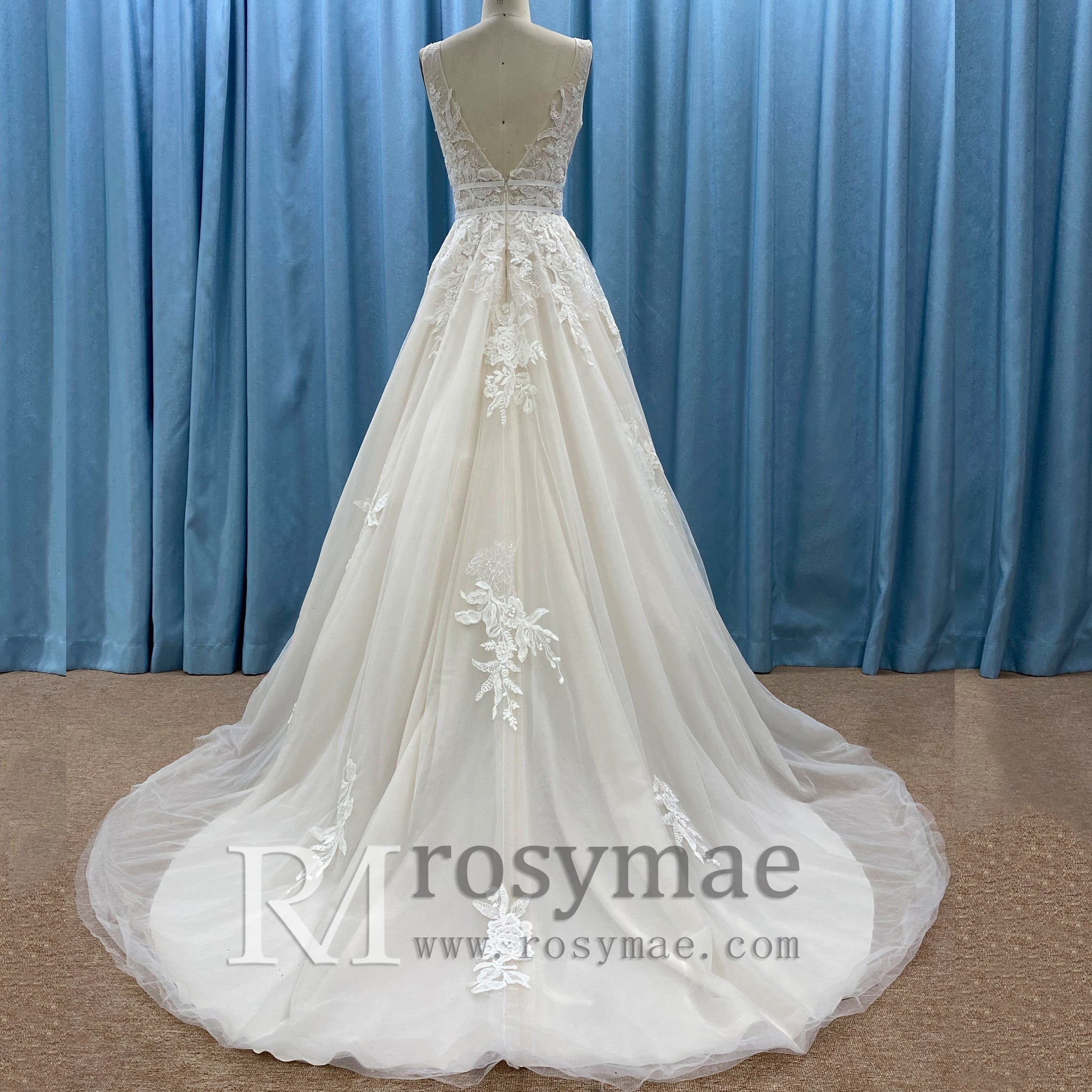 Trendy A-line Tulle Lace Vneck Wedding Dresses with Tank Top - Rosymae