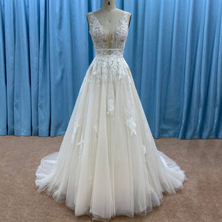 Trendy A-line Tulle Lace Vneck Wedding Dresses with Tank Top - Rosymae