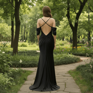 Trendy Backless Black Mermaid Bridesmaid Dress with Off Shoulder - Rosymae
