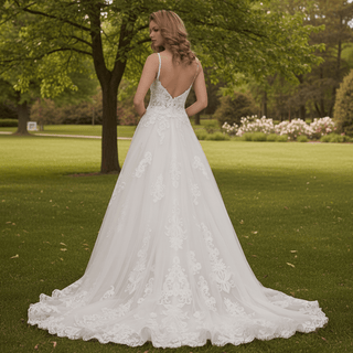 Trendy Plunging Spaghetti Straps A-line Lace Tulle Wedding Dress - Rosymae