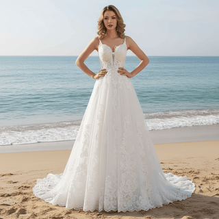 Trendy Plunging Spaghetti Straps A-line Lace Tulle Wedding Dress - Rosymae