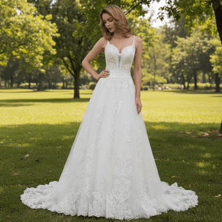 Trendy Plunging Spaghetti Straps A-line Lace Tulle Wedding Dress - Rosymae