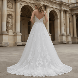 Trendy Plunging Spaghetti Straps A-line Lace Tulle Wedding Dress - Rosymae