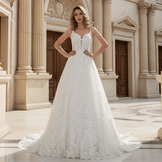 Trendy Plunging Spaghetti Straps A-line Lace Tulle Wedding Dress - Rosymae