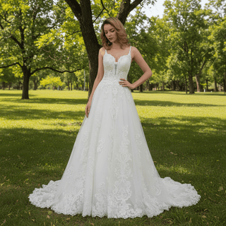 Trendy Plunging Spaghetti Straps A-line Lace Tulle Wedding Dress - Rosymae