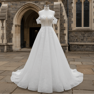 Trendy Sparkly Sheer Bodice A-line Wedding Dress with 3D Flowers - Rosymae