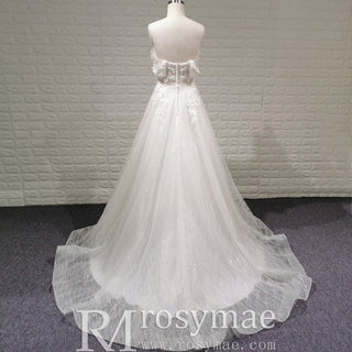 Trendy Sparkly Sheer Bodice A-line Wedding Dress with 3D Flowers - Rosymae