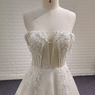 Trendy Sparkly Sheer Bodice A-line Wedding Dress with 3D Flowers - Rosymae