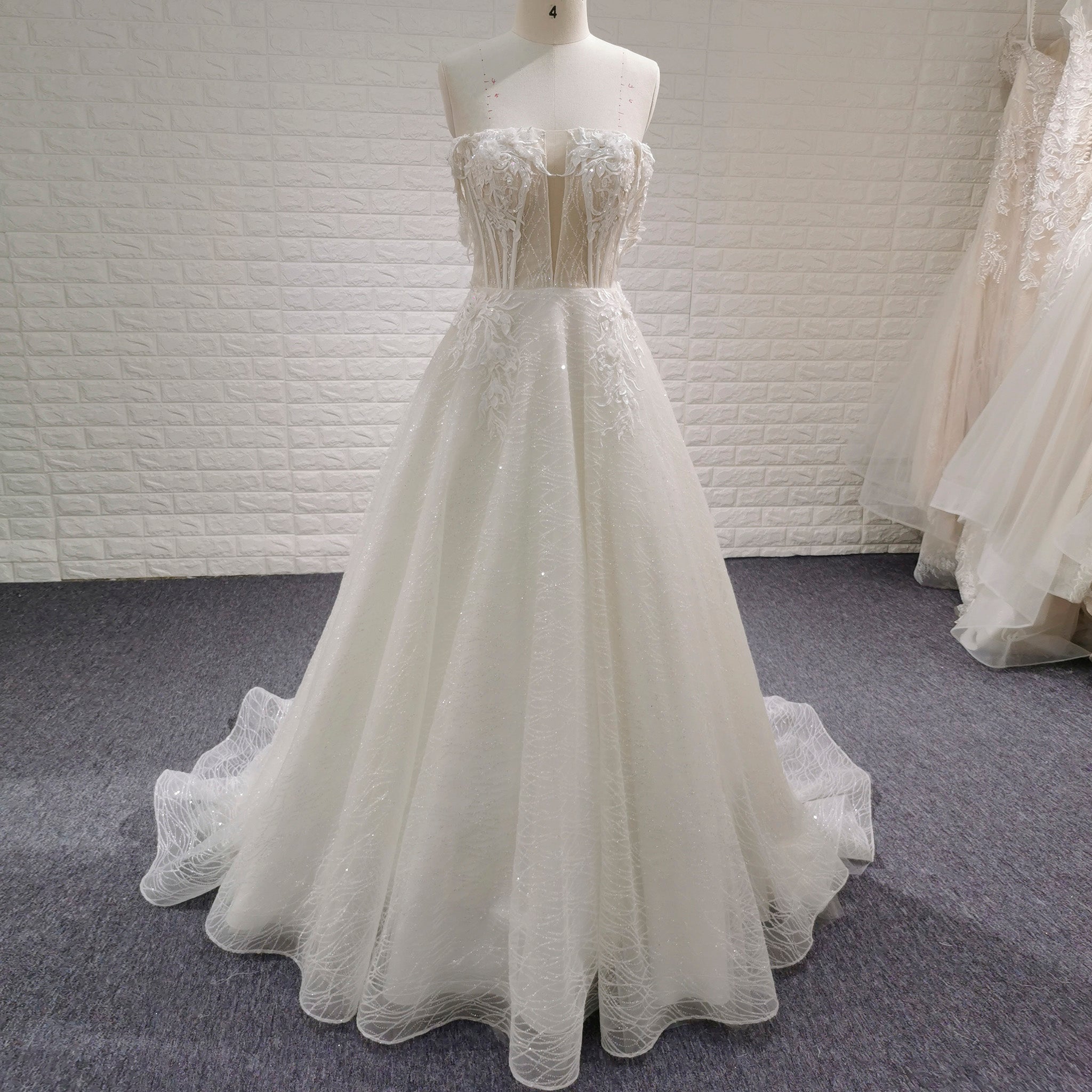 Trendy Sparkly Sheer Bodice A-line Wedding Dress with 3D Flowers - Rosymae