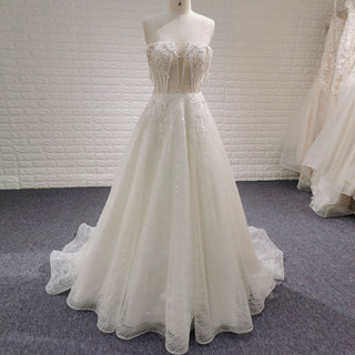 Trendy Sparkly Sheer Bodice A-line Wedding Dress with 3D Flowers - Rosymae
