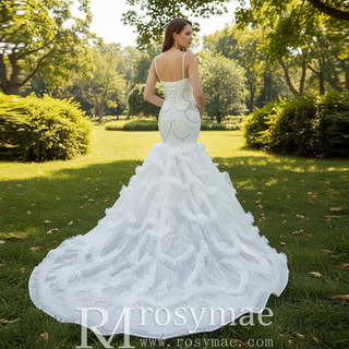 Unique V-neck Trumpet Wedding Dress with Spaghetti Strap