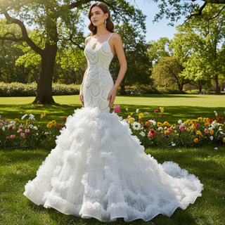 Unique V-neck Trumpet Wedding Dress with Spaghetti Strap