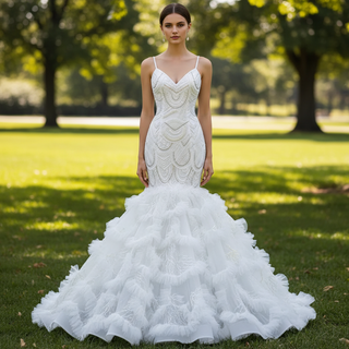 Unique V-neck Trumpet Wedding Dress with Spaghetti Strap