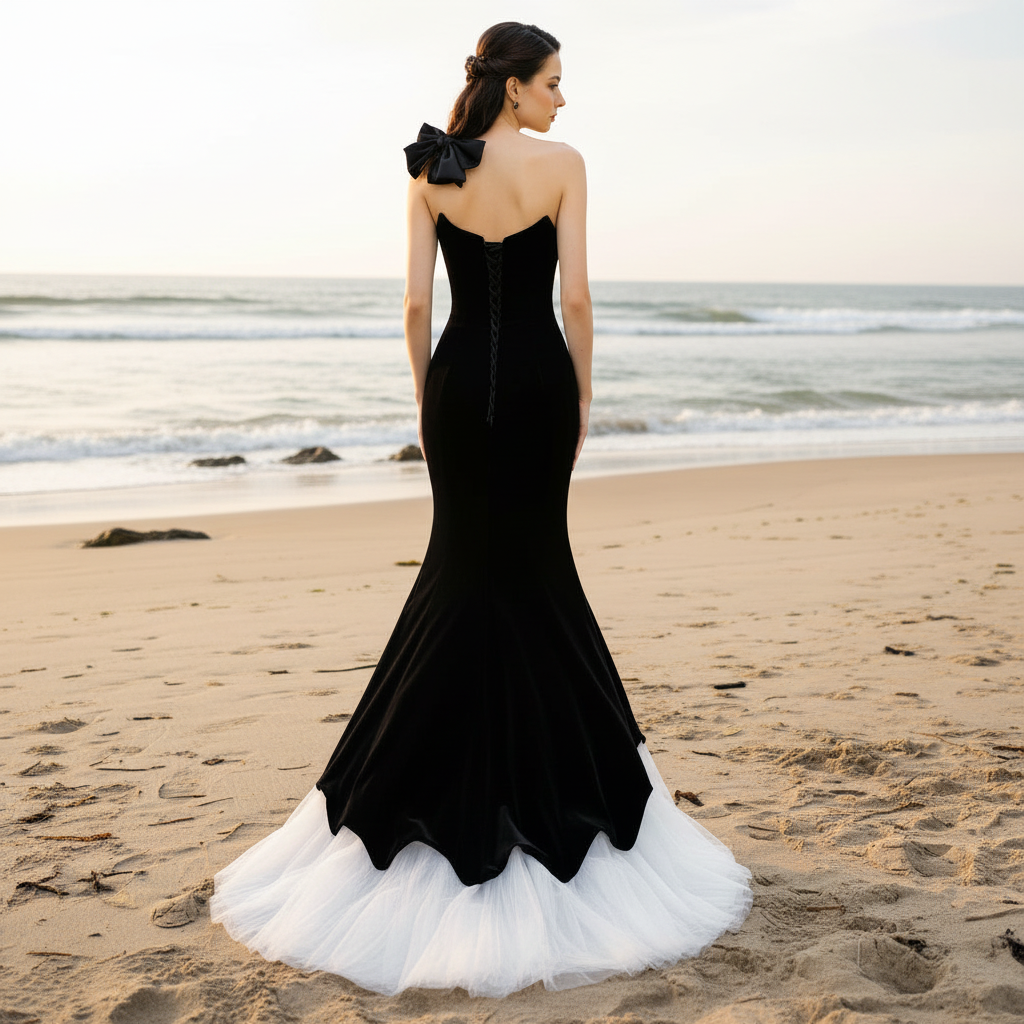 Strapless Black and White Trumpet Velvet Wedding Dress Black and White / 24W Strapless Black and White Trumpet Velvet Wedding Dress Black and White / 24W