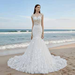 Trumpet Cap Sleeve Lace Wedding Dress with Sheer Bodice - Rosymae