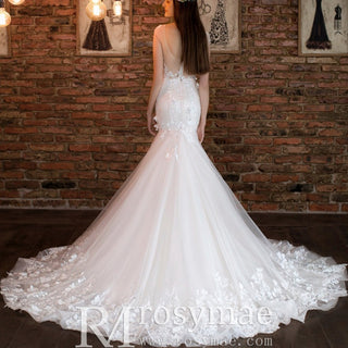 Trumpet Cap Sleeve Lace Wedding Dress with Sheer Bodice - Rosymae