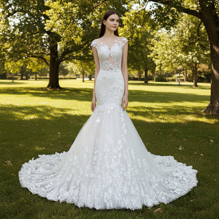 Trumpet Cap Sleeve Lace Wedding Dress with Sheer Bodice - Rosymae