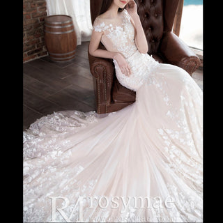 Trumpet Cap Sleeve Lace Wedding Dress with Sheer Bodice - Rosymae