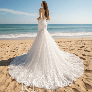 Trumpet Cap Sleeve Lace Wedding Dress with Sheer Bodice - Rosymae