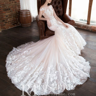 Trumpet Cap Sleeve Lace Wedding Dress with Sheer Bodice - Rosymae