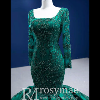 Trumpet Evening Dress Long Sleeve Wedding Dress with Square Neck - Rosymae