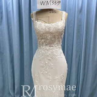 Floral Lace Trumpet Backless Wedding Dress with Square-neck