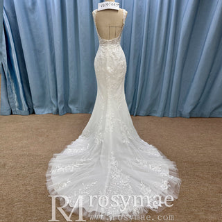 Floral Lace Trumpet Backless Wedding Dress with Square-neck