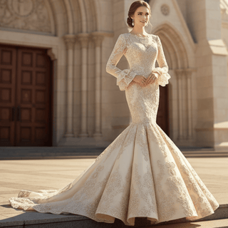 Trumpet Lace Overlay Wedding Dress With Long Sleeve - Rosymae