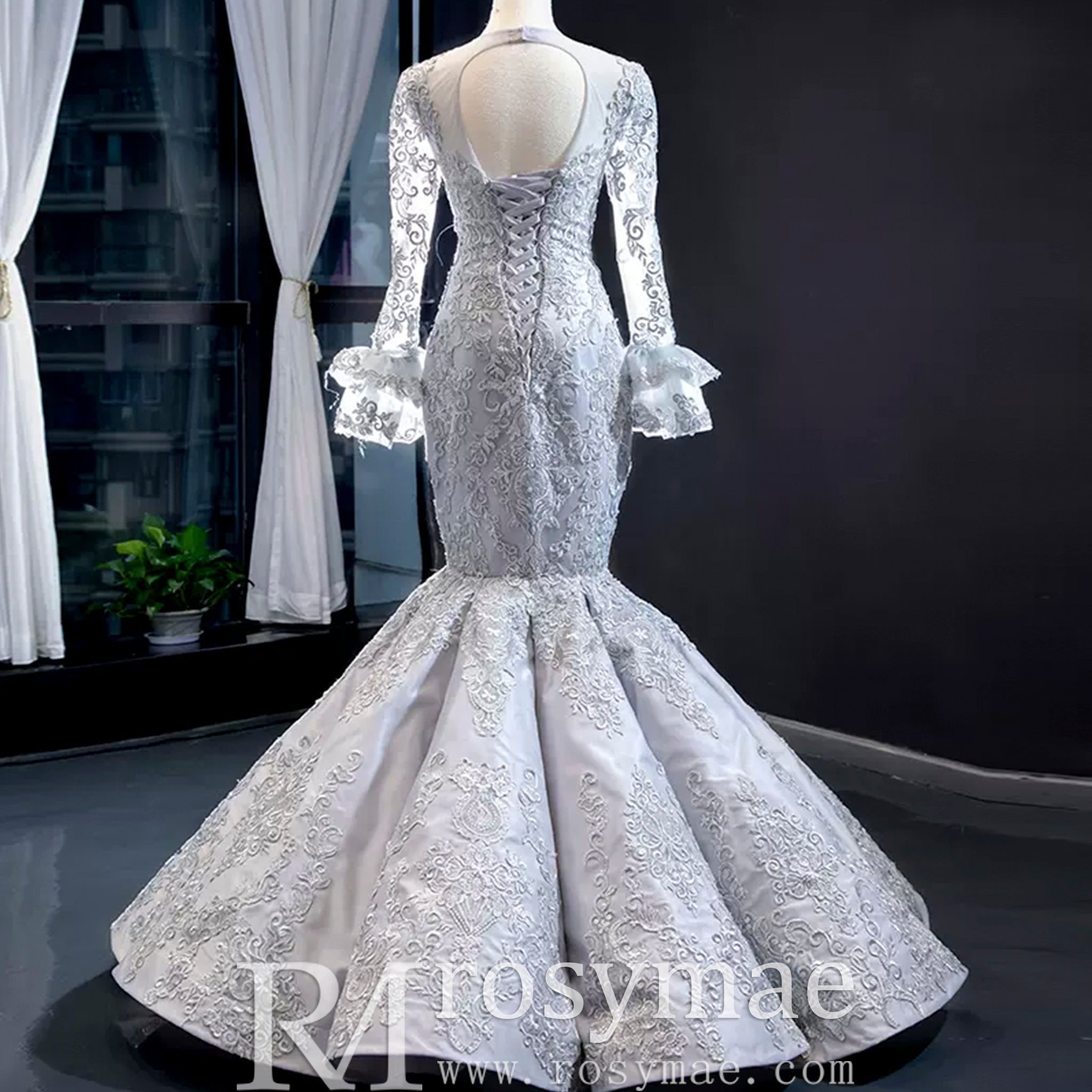 Trumpet Lace Overlay Wedding Dress With Long Sleeve - Rosymae