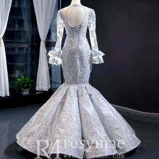 Trumpet Lace Overlay Wedding Dress With Long Sleeve - Rosymae
