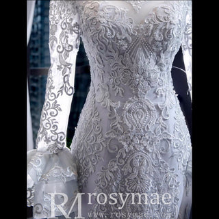 Trumpet Lace Overlay Wedding Dress With Long Sleeve - Rosymae