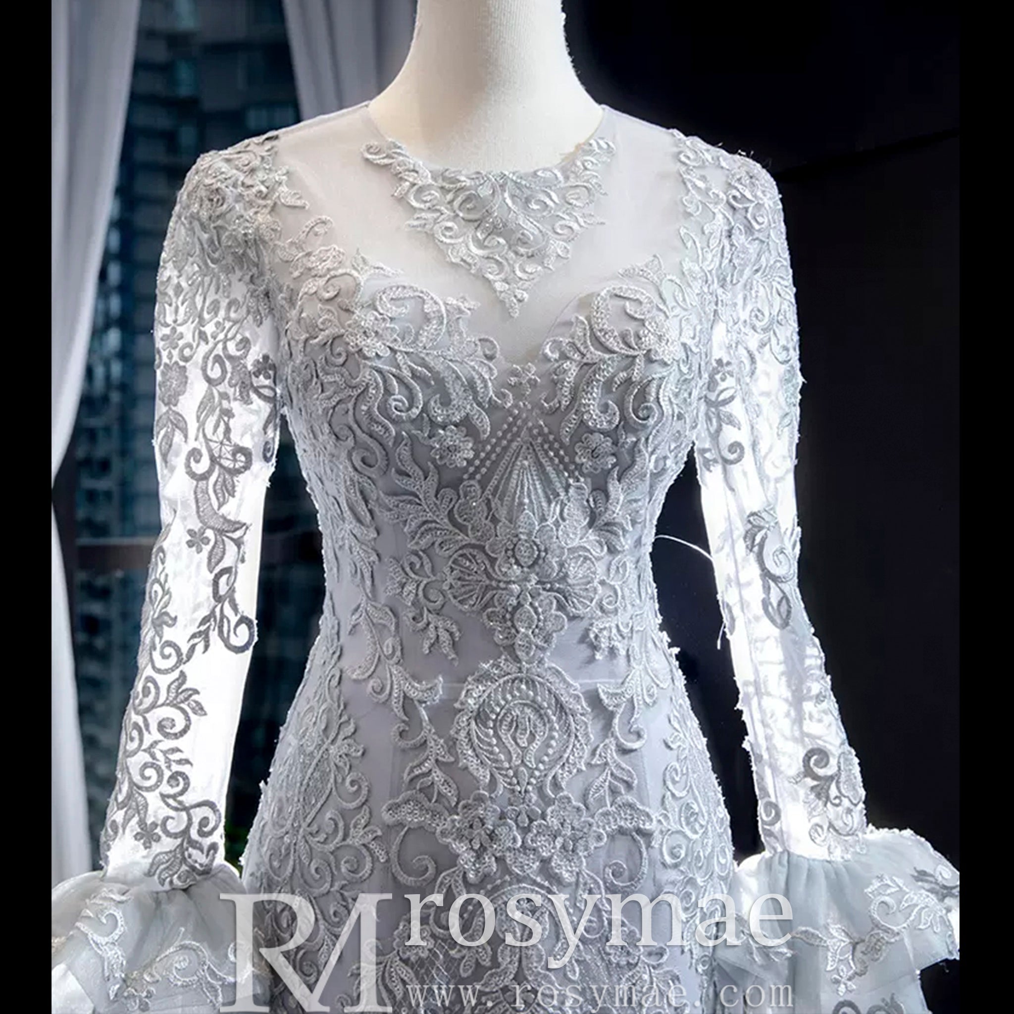 Trumpet Lace Overlay Wedding Dress With Long Sleeve - Rosymae