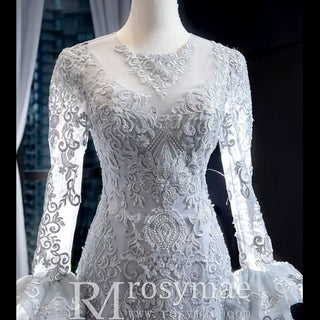 Trumpet Lace Overlay Wedding Dress With Long Sleeve - Rosymae