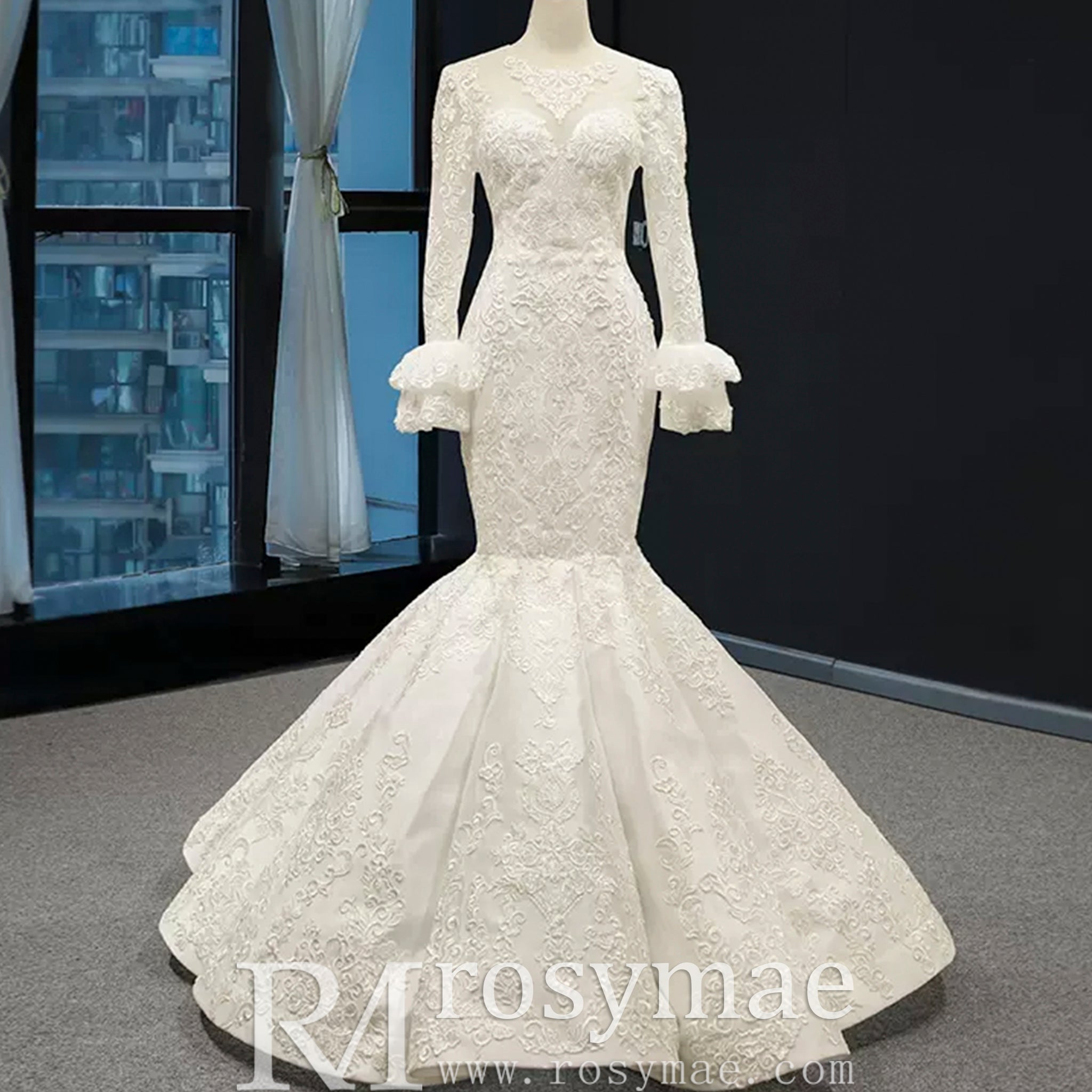 Trumpet Lace Overlay Wedding Dress With Long Sleeve - Rosymae