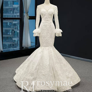 Trumpet Lace Overlay Wedding Dress With Long Sleeve - Rosymae