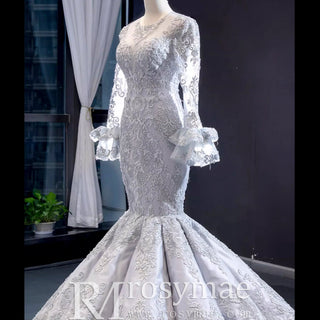 Trumpet Lace Overlay Wedding Dress With Long Sleeve - Rosymae