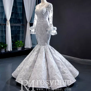 Trumpet Lace Overlay Wedding Dress With Long Sleeve - Rosymae