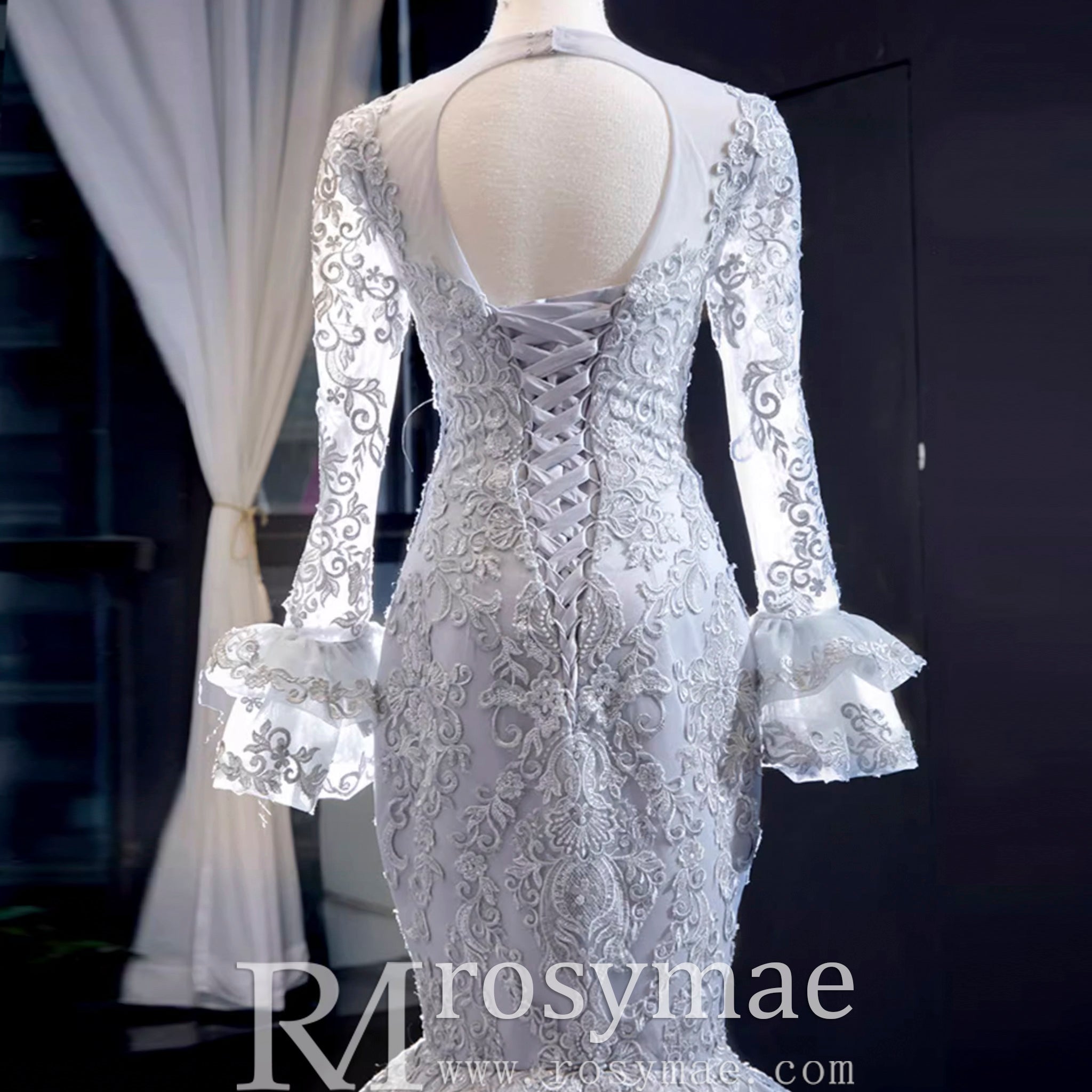 Trumpet Lace Overlay Wedding Dress With Long Sleeve - Rosymae