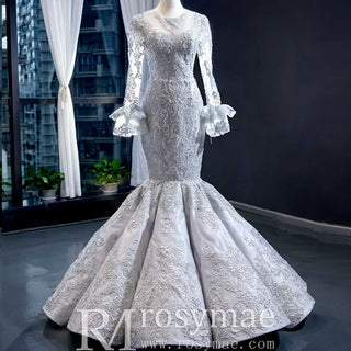 Trumpet Lace Overlay Wedding Dress With Long Sleeve - Rosymae