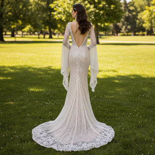 Unique Boho Lace Wedding Dress with Open Backless Back Rosymae Unique Boho Lace Wedding Dress with Open Backless Back Rosymae