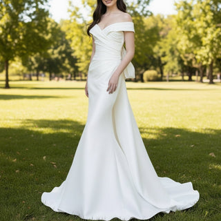 Trumpet Mermaid Satin Wedding Dresses with Long Bowknot - Rosymae