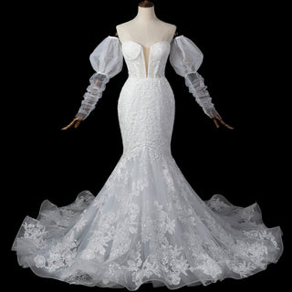 Trumpet-Mermaid Wedding Dress with Plunge Sweetheart & Detachable Puff Sleeves - Rosymae